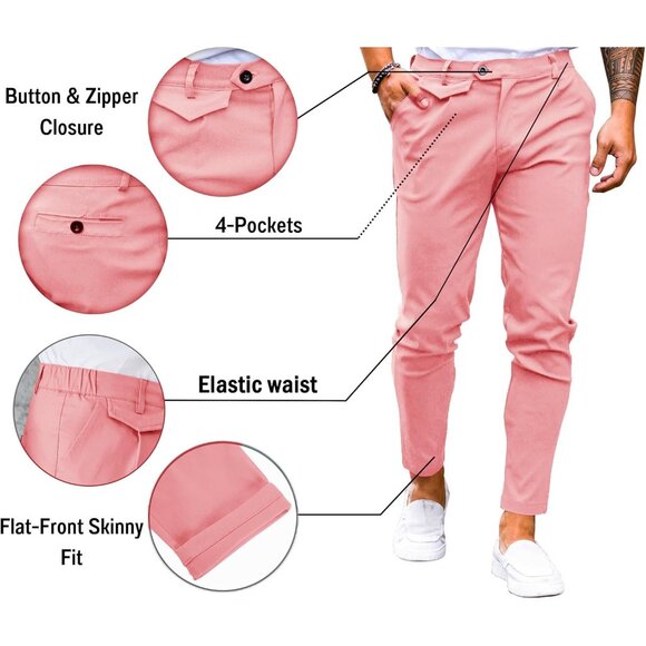 🆕 Men Pink Slim Fit Pants Flat Front Stretch Skinny Tapered Casual Trousers - Picture 3 of 6